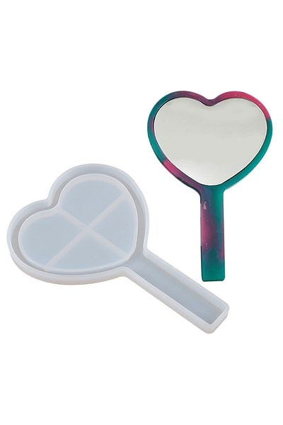 Getshopmini Epoxy Mirror Mold with Handle Hand Mirror Mold Silicone Heart Model 16.5X11Cm