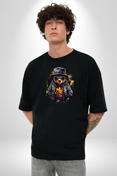 Angemiel Black Leather Jacket Bear Teddy with Sunglasses Black Oversize Women's Men's Front Printed T-Shirt