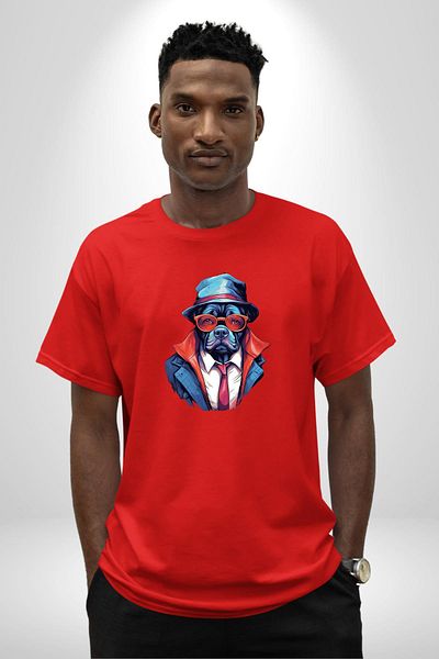 Angemiel Stylish Cool Suit Dog with Hat Red Oversize Women's Men's Front Printed T-Shirt
