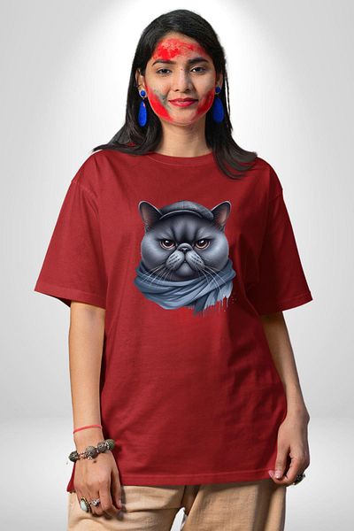 Angemiel City Cat Hat Shawl Serious Look Red Oversize Women's Men's Front Printed T-Shirt
