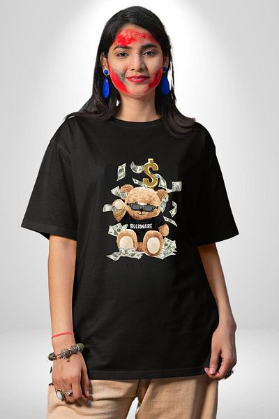 Angemiel Cash King Bear Billionaire Design Black Oversize Women's Men's Front Printed T-Shirt