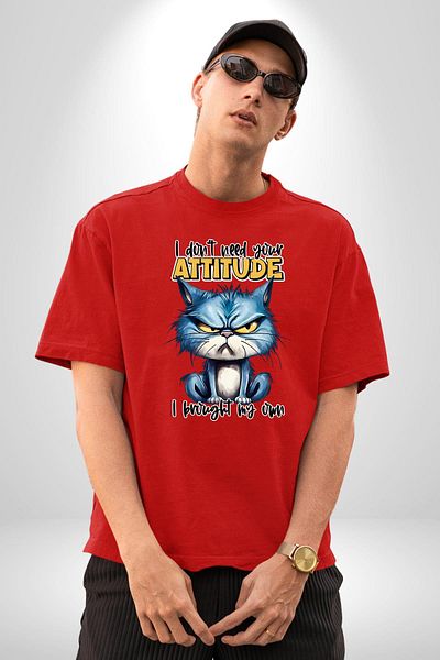 Angemiel Cat Who Brings Its Own Attitude Funny Cat Red Oversize Women's Men's Front Printed T-Shirt