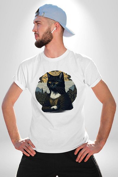 Angemiel Mona Lisa Imitation Cat Design White Oversize Women's Men's Front Printed T-Shirt
