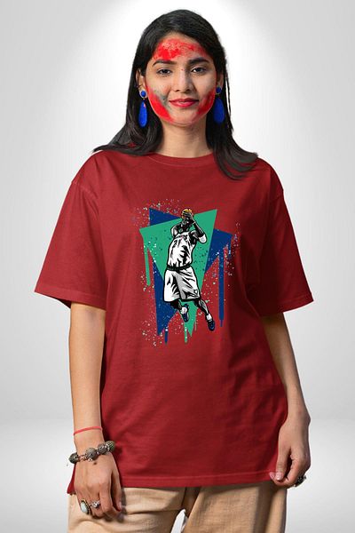 Angemiel Basketball Colorful Drawing Design Red Oversize Women's Men's Front Printed T-Shirt