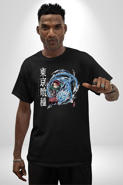 Angemiel Demon Slayer - Tanjiro Kamado Anime Black Oversize Women's Men's Front Printed T-Shirt