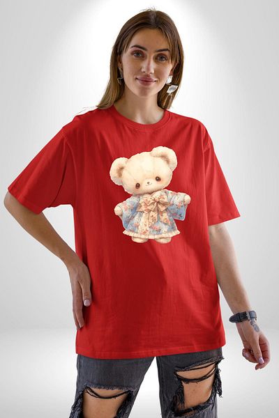 Angemiel Red Oversize Women's Men's Front Printed T-Shirt with Cute Teddy Bear Figure