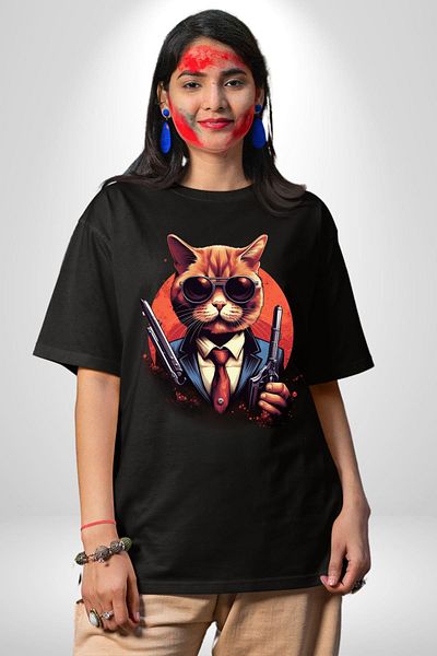 Angemiel Mafia Style Glasses  Cat Black Oversize Women's Men's Front Printed T-Shirt