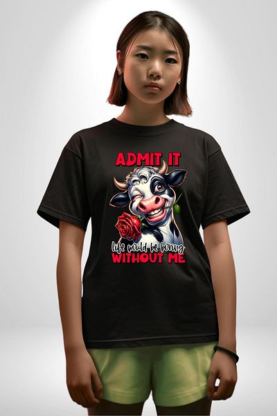 Angemiel My Life Would Be Boring Without a Cow Like You Black Oversize Women's Men's Front Printed T-Shirt