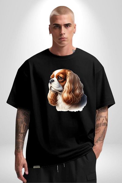 Angemiel Cavalier King Charles Spaniel Dog Design Black Oversize Women's Men's Front Printed T-Shirt
