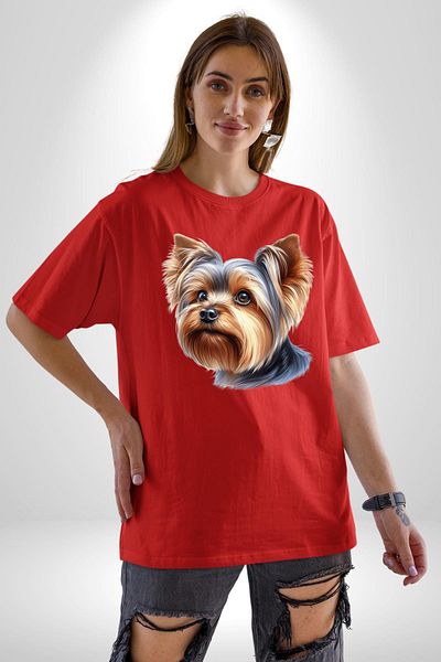 Angemiel Yorkshire Terrier Teacup Mini Dog Love Red Oversize Women Men Front Printed T-Shirt