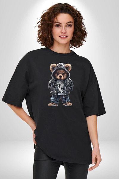 Angemiel Black Leather Jacket Gothic Rebel Teddy Bear Black Oversize Women's Men's Front Printed T-Shirt