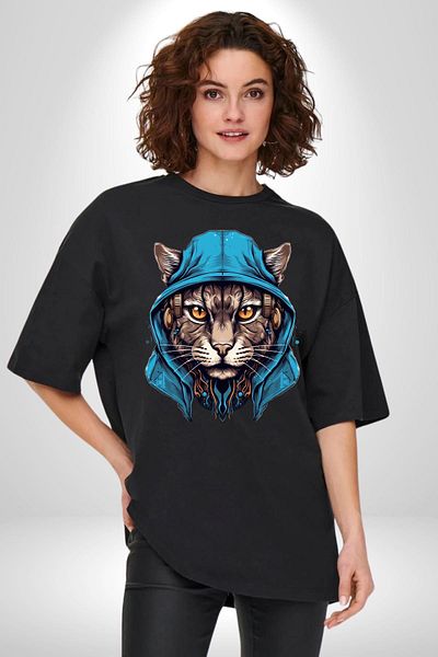 Angemiel Cyber ​​Cat Digital Tiger Eye Black Oversize Women's Men's Front Printed T-Shirt