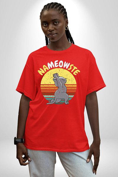 Angemiel Nameowste Yoga Design for Cat Lovers Red Oversize Women Men Front Printed T-Shirt