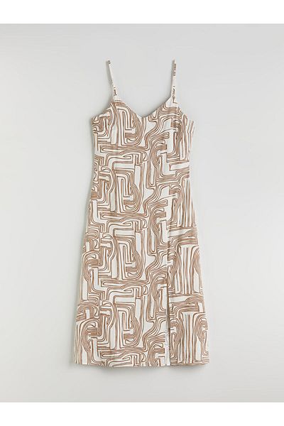 LC Waikiki Ecru V-Neck Patterned A-Line Dress