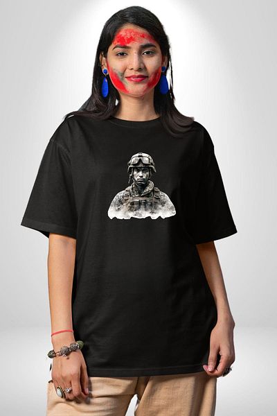 Angemiel War and Soldier Themed High Quality Graphic Black Oversize Women's Men's Front Printed T-Shirt
