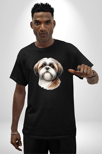 Angemiel Cheerful Shih Tzu Small Breed Dog Friendly Black Oversize Women's Men's Front Printed T-Shirt