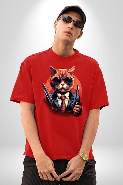 Angemiel Mafia Style Glasses  Cat Red Oversize Women's Men's Front Printed T-Shirt