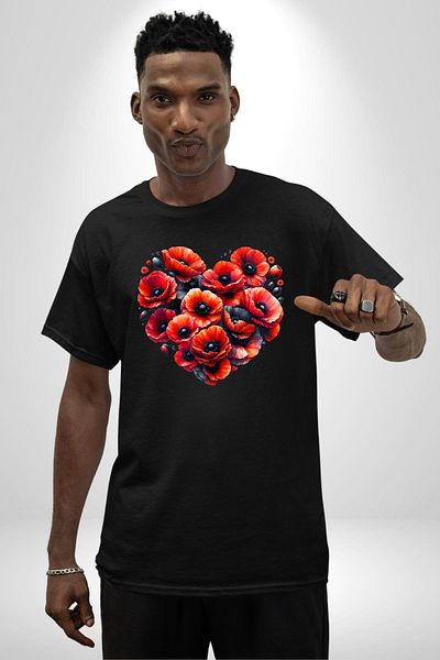 Angemiel Poppy Flowers Growing with Love Love in Your Heart Black Oversize Women's Men's Front Printed T-Shirt