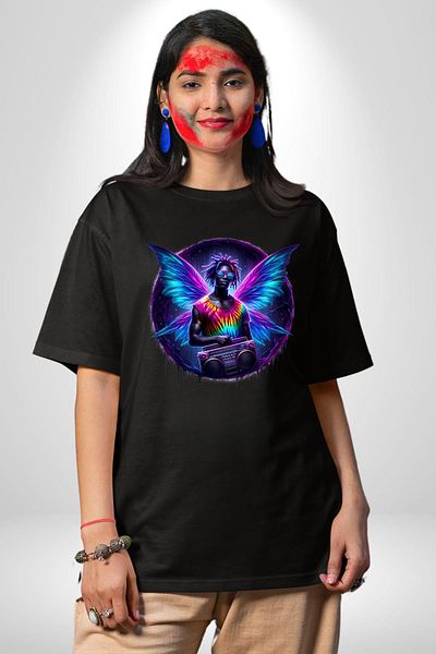 Angemiel Youth and Energy Winged Design Black Oversize Women's Men's Front Printed T-Shirt