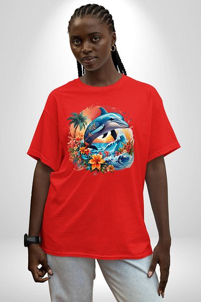 Angemiel Summer Spirit Floral Dolphin Themed Red Oversize Women's Men's Front Printed T-Shirt