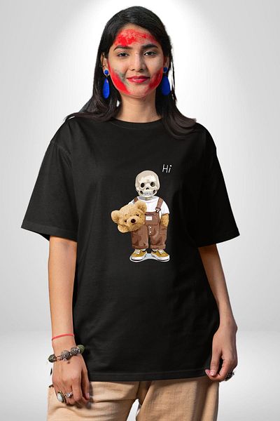 Angemiel Be Yourself Printed Skull Bear Teddy Black Oversize Women's Men's Front Printed T-Shirt