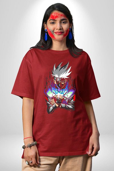 Angemiel Kakashi Hatake Ninja Power Anime Red Oversize Women's Men's Front Printed T-Shirt