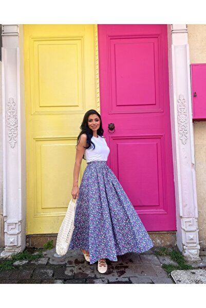 KÜÇÜĞÜM BUTİK Fusta poplin evazată cu flori albastru-indigo-liliac