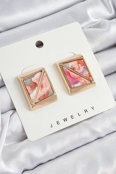 Clariss Brass Pink Triangle Cut Detailed Square Model Vintage Gold Color Women's Earrings
