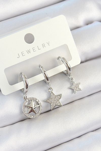 Clariss Brass Zircon Stone Star Model Silver Color 3-Piece Double Women's Earring Set