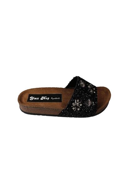 Yaz Kış Ayakkabı Yazkiş women's black platinum flat sole slipper with sea shell stones and glitter