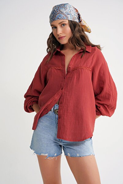 Mixray 4677 Women's Lace Detailed Muslin Shirt Cranberry