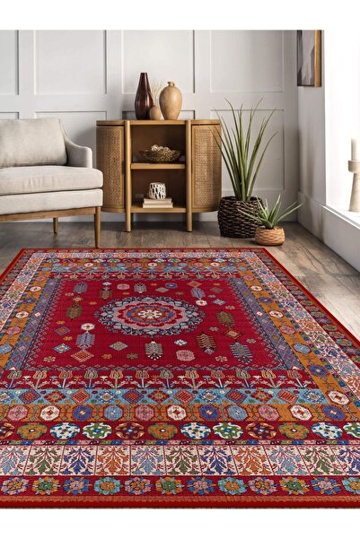 rugseason Kırmızı etnik göbekli eskitme model dokuma taban kilim