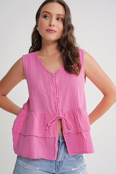 Mixray 4722 Women's V-Neck Ruffled Muslin Blouse Pink