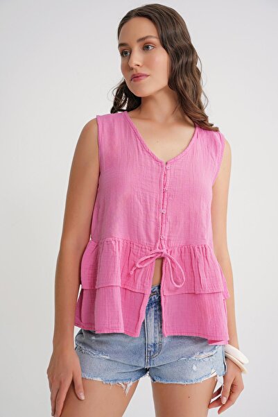 Mixray 4722 Women's V-Neck Ruffled Muslin Blouse Pink