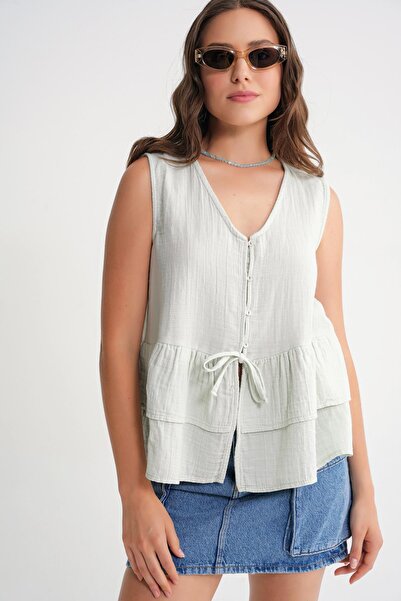 Mixray 4722 Γυναικεία μπλούζα μουσελίνας με βολάν με λαιμόκοψη σαλαμάρι