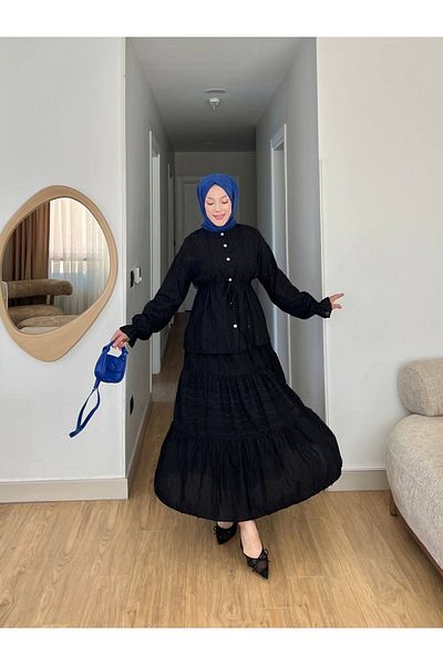 Modamorfo بدلة دانتيل بأزرار أمامية ورباط على الخصر وأكمام مطاطية وتنورة - أسود