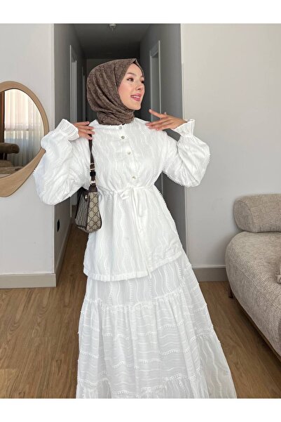 Modamorfo Lace Suit with Buttons on the Front, Laces on the Waist, Elastic Sleeves and Skirt - White