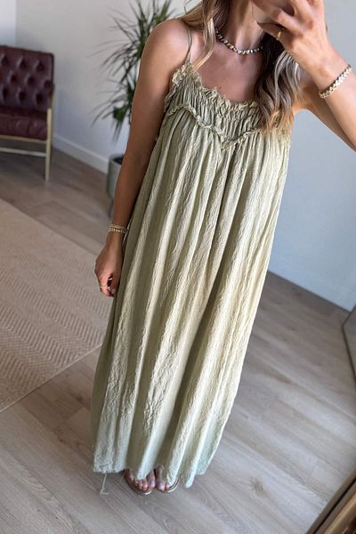 Sue Store Khaki Rope Strap Linen Textured Lined Dress