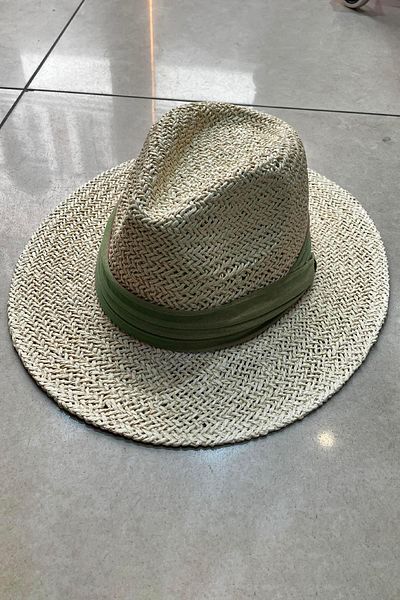 Külah Knitted Textured Green Striped Straw Panama Hat - Light Beige