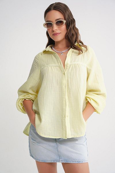 Mixray 4677 Women's Lace Detailed Muslin Shirt Butter Yellow