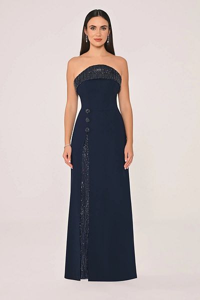 ALFABETA Women's Long Length Deep Slit Bottom and Collar Part Sequin Detailed Stylish Navy Blue Evening Dress & Graduation Dress
