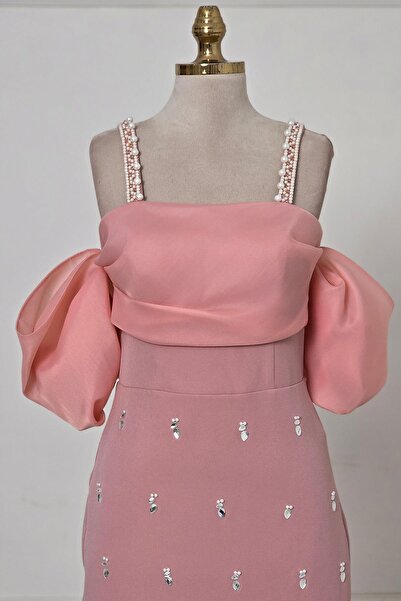 Yonca Moda Evi Pembe İNCİLİ KREP ELBİSE 6055