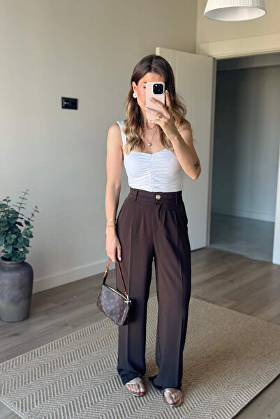 Karol Atabey Giyim Tekstil Kahverengi Yüksek Bel Beli Lastikli Pileli Pantolon