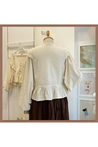 Faya Boutique Κρεμ Κεντημένο Λινό Πουκάμισο Esquer