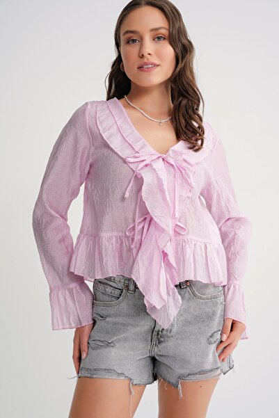 Mixray 4727 Women's Ruffled Collar Blouse Pink