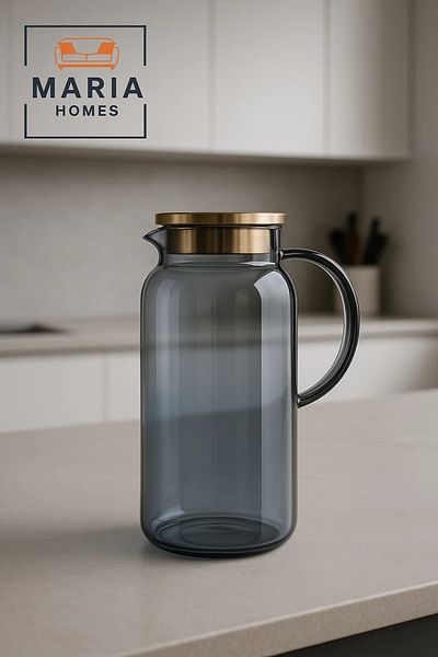 MARIA HOMES Smoky Gray Borosilicate Glass Water Pitcher with Gold-Tone Lid – 1.2 Liter