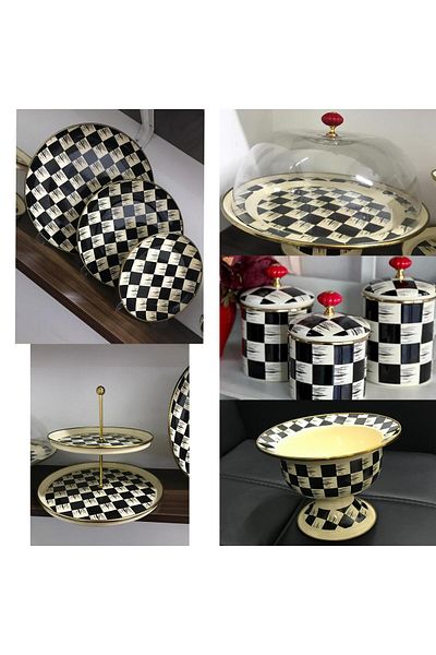 RADGX Enamel Cake Mold, Cookie Bowl, Plate, Fruit Bowl, Spice Bowl Checkered Set of 5