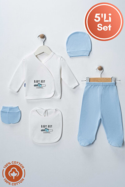 Miniel Unisex Bebek Baby Loading Baskılı Organik Pamuklu 5'Li Yenidoğan Bebek Hastane Çıkış Seti