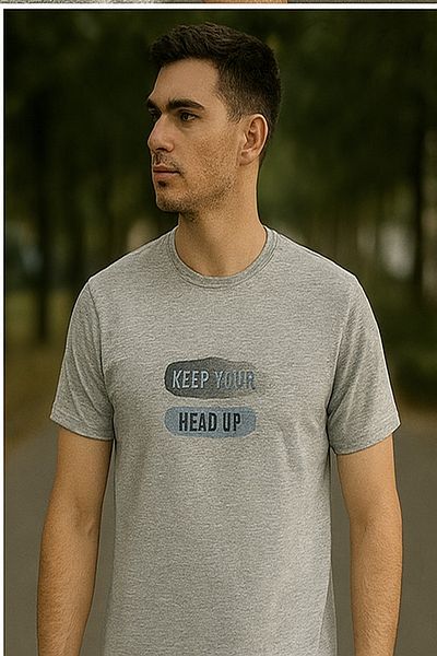 Maccali Men's Crew Neck Text Print Short Sleeve Gray T-Shirt