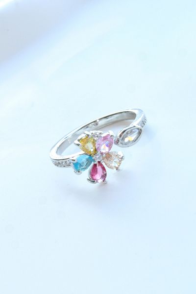 Leo'Stone Imported Series Colorful Zircon Stone Exquisite Lotus Flower Design Adjustable Women's Steel Ring